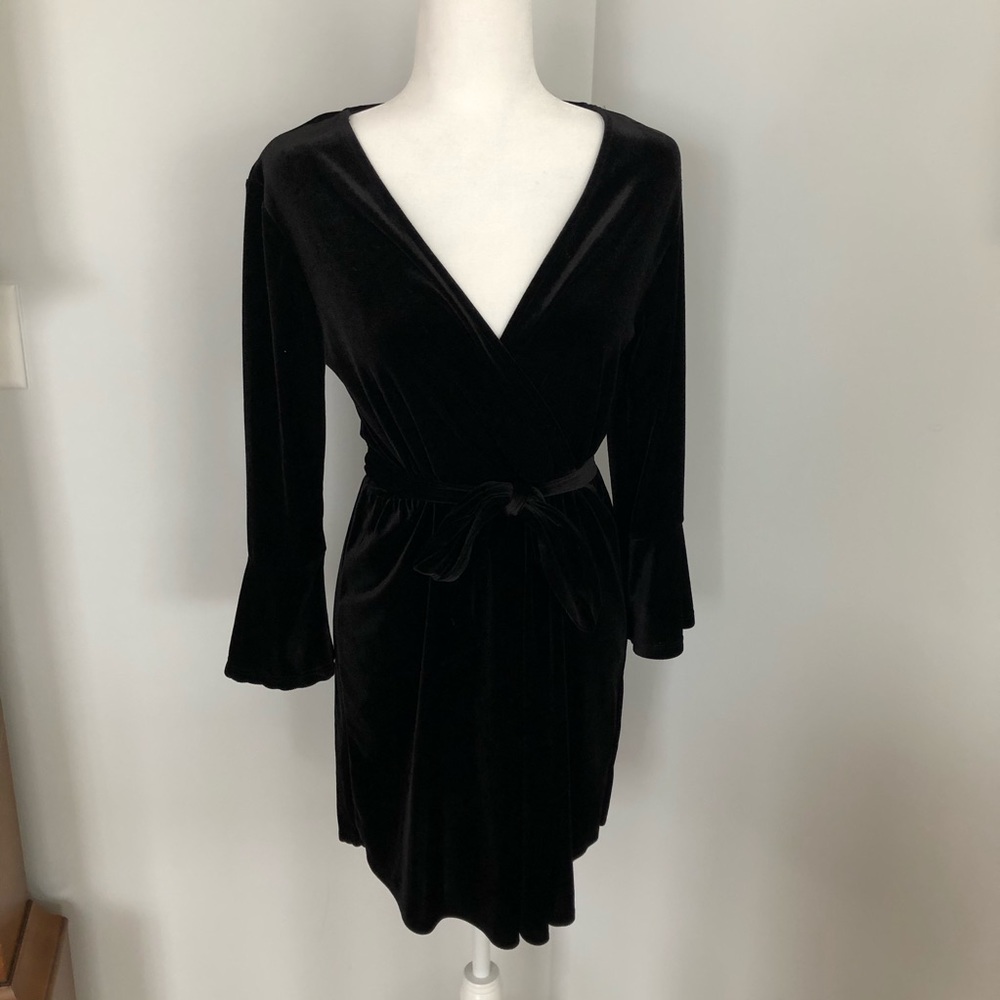 H&M Black Velvet Wrap Dress w Bell Sleeves